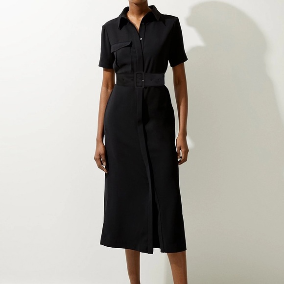 Karen Millen Tailored Crepe Pocket Detail Short Sleeved Belted Midi Shirt Dress - Picture 1 of 7